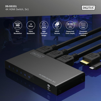 Digitus Відеокомутатор UHD HDMI (INx3 - OUTx1), 4K Digitus Відеокомутатор UHD HDMI (INx3 - OUTx1), 4K