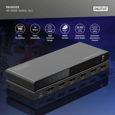 Digitus Відеокомутатор DIGITUS UHD HDMI (INx5 - OUTx1), 4K Digitus Відеокомутатор DIGITUS UHD HDMI (INx5 - OUTx1), 4K
