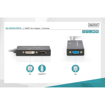 Digitus Перехідник HDMI - DP+DVI+VGA UHD 4K, M-F/F/F, 3 in 1