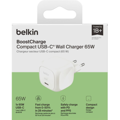Belkin Зарядний пристрій мережевий  65Вт USB-С GAN PD PPS, білий