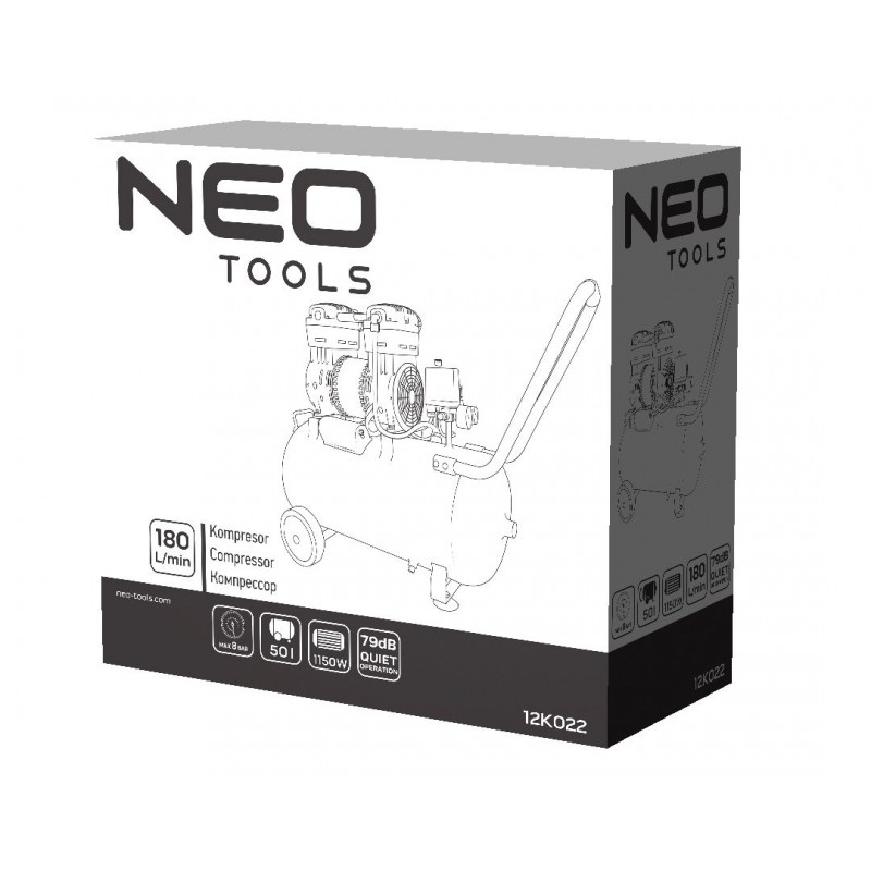 Neo Tools Компресор, безмасляний, 230В, 50л, 8 Бар, 180л/мин, 1150Вт, асинхронний двигун, IP20