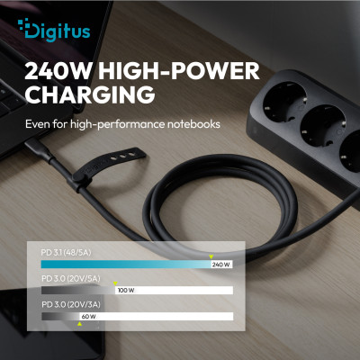 Digitus Кабель DIGITUS USB-C > USB-C заряджання/синхронізації, USB4 2.0, 80G, 240W, 16K, силіконовий, 0.5м, чорний
