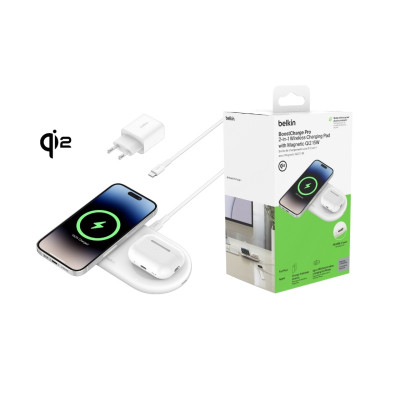 Belkin Зарядний пристрій бездротовий 2в1 15Вт Pad Qi2, білий