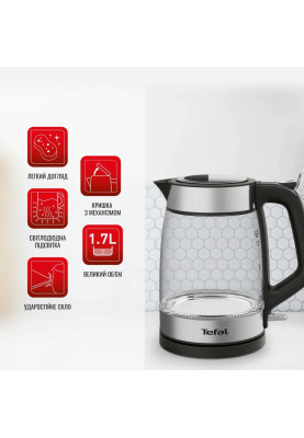 Tefal Електрочайник Glass Kettle 1.7л, скло, з підсвіткою, чорно-срібний