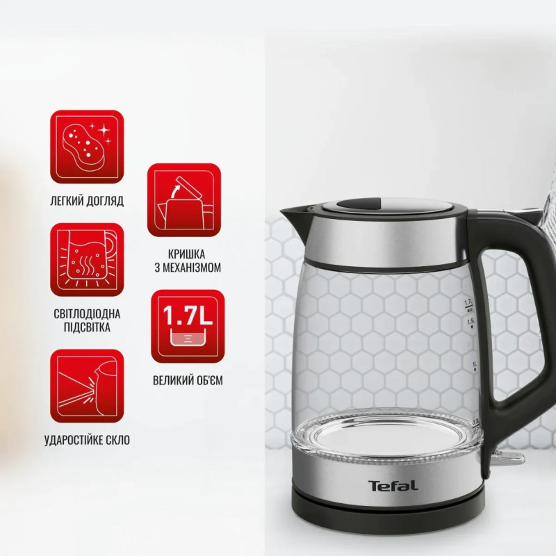 Tefal Електрочайник Glass Kettle 1.7л, скло, з підсвіткою, чорно-срібний