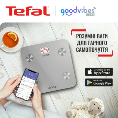 Tefal Ваги підлогові Goodvibes Life, 160кг, Bluetooth, AAAx3 в комплекті, скло, сірий