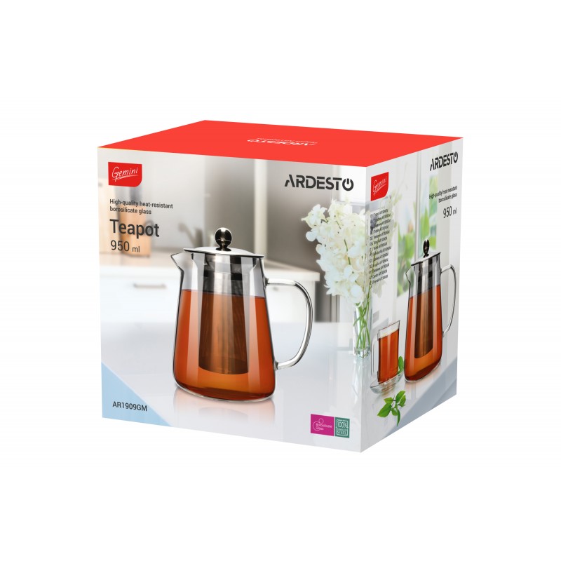 ARDESTO Gemini Teapot[Заварник Milano , 950 мл, боросилікатне скло, нержавіюча сталь]