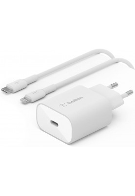 Belkin Зарядний пристрій мережевий 25Вт USB-С PD PPS, кабель USB-С > Lightning, 1м, PVC, білий