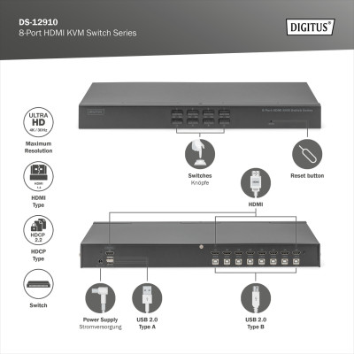 Digitus Комутатор 19' HDMI KVM, 8 Port, 4K