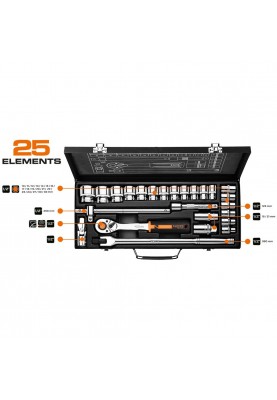 Neo Tools Набір інструментів, Набір торцевих головок, 25шт, 1/2", CrV, металевий кейс