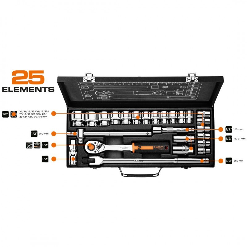 Neo Tools Набір інструментів, Набір торцевих головок, 25шт, 1/2", CrV, металевий кейс