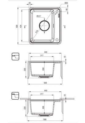 Deante Мийка кухонна Momi, граніт, квадрат, без крила, 500х440х230мм, чаша - 1, врізна, чорний матовий