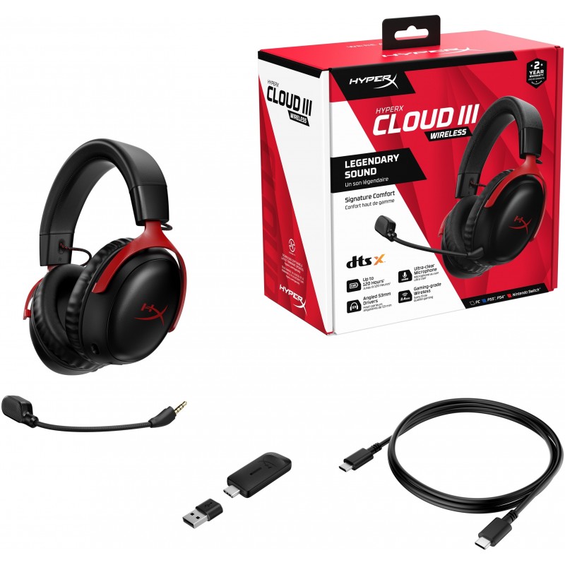 HyperX Гарнітура ігрова Cloud III, WL/USB-A/USB-C, чорно-червоний