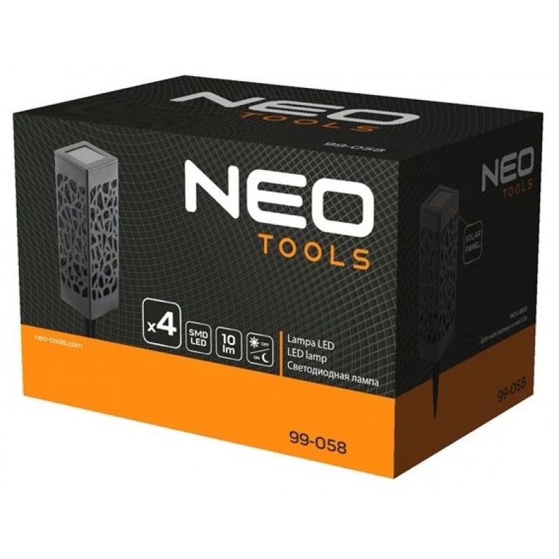 Neo Tools Сонячний садовий світильник NEO, 600мАг 3.7 Ni-MH, 0,3Вт, 10 лм, LED SMD, IP44, 4 шт.