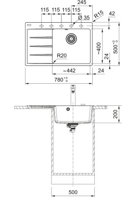 Franke Мийка кухонная Centro, фраграніт, прямокутник, з крилом, 780х500х200мм, чаша - 1, врізна, CNG 611-78 TL, сірий камінь