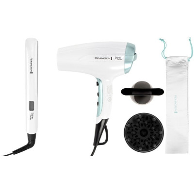 Remington Фен+випрямляч набір Shine Therapy, 2300Вт, 3 режими, дифузор, щипці для волосся (150-230 ° С, кераміка), біло-блакитний