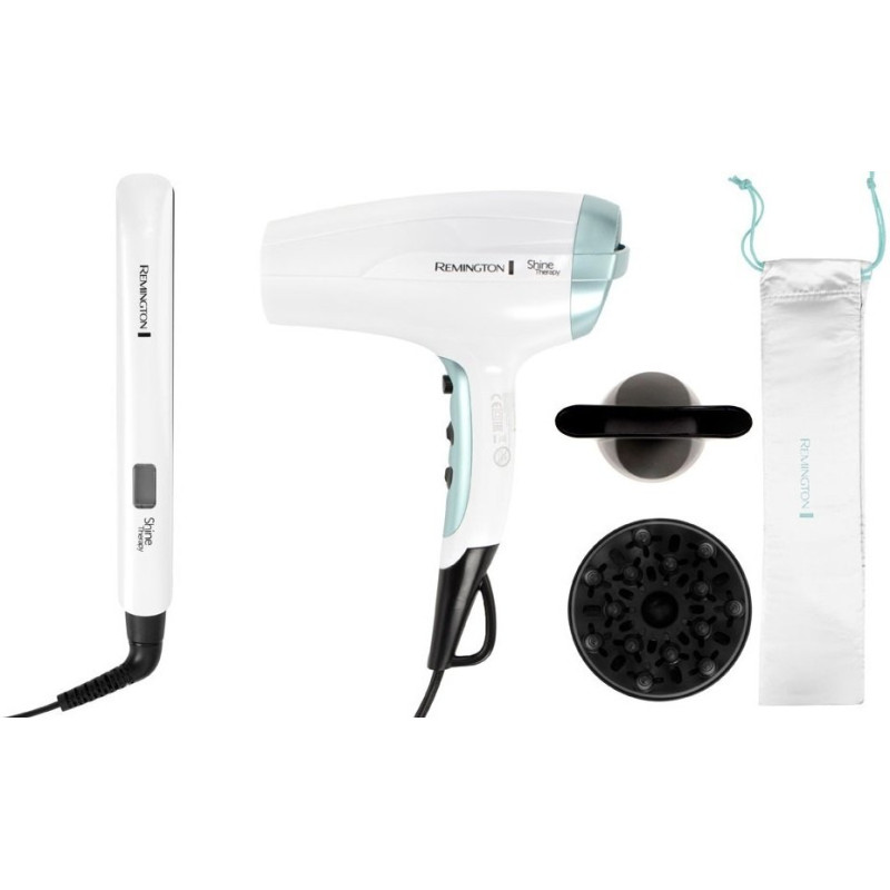 Remington Фен+випрямляч набір Shine Therapy, 2300Вт, 3 режими, дифузор,щипці для волосся(150-230°С,кераміка), біло-блакитний