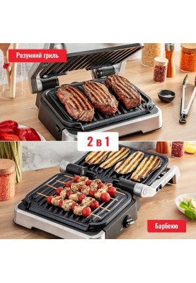 Tefal Гриль прижимний OptiGrll 2в1 Inox, 2100Вт, темп. режимів-4, з`ємні пластини, метал