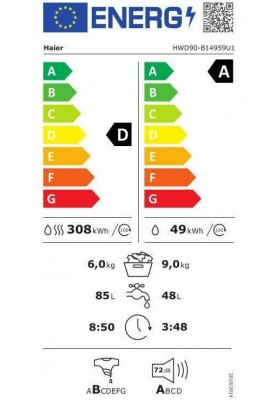 Haier Прально-сушильна машина фронтальна, 9(6)кг, 1400, A, 60см, дисплей, пара, інвертор, люк чорний, прямий привод, білий