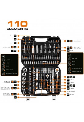 Neo Tools Набір інструментів, Набір торцевих головок, 110шт, 1/2", 1/4", CrV, кейс