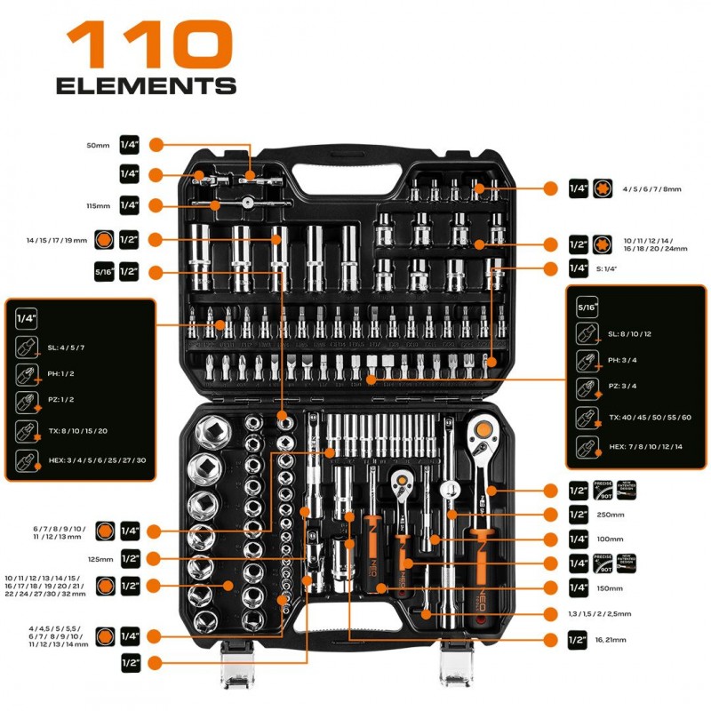 Neo Tools Набір інструментів, Набір торцевих головок, 110шт, 1/2", 1/4", CrV, кейс