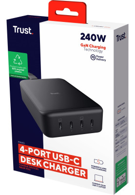 Trust Зарядне пристрій мережевий Maxo 240Вт, GaN, 4xUSB-C, PD, чорний
