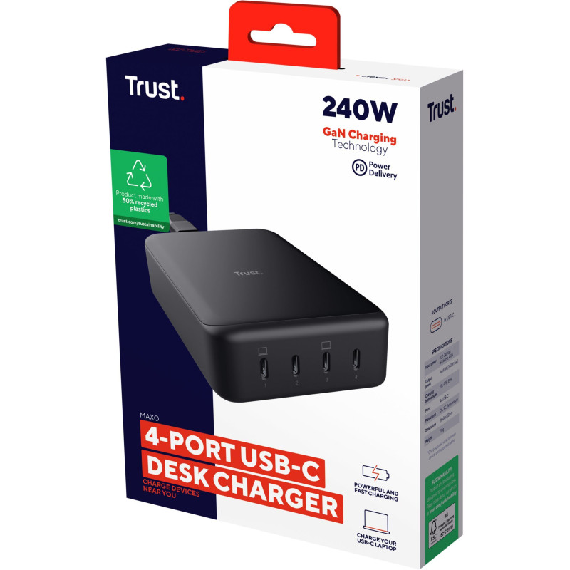 Trust Зарядний пристрій мережевий Maxo 240Вт,GaN, 4xUSB-C,PD, чорний