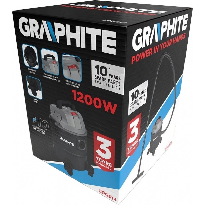 Graphite Пилосос професійний, 1200Вт, 18кПа, контейнер 20л, розетка 220В/1200В, колеса