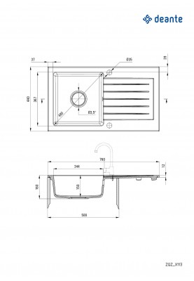 Deante Мийка кухонна Zorba, граніт, прямокутник, з крилом, 760х440х160мм, чаша - 1, накладна, графіт