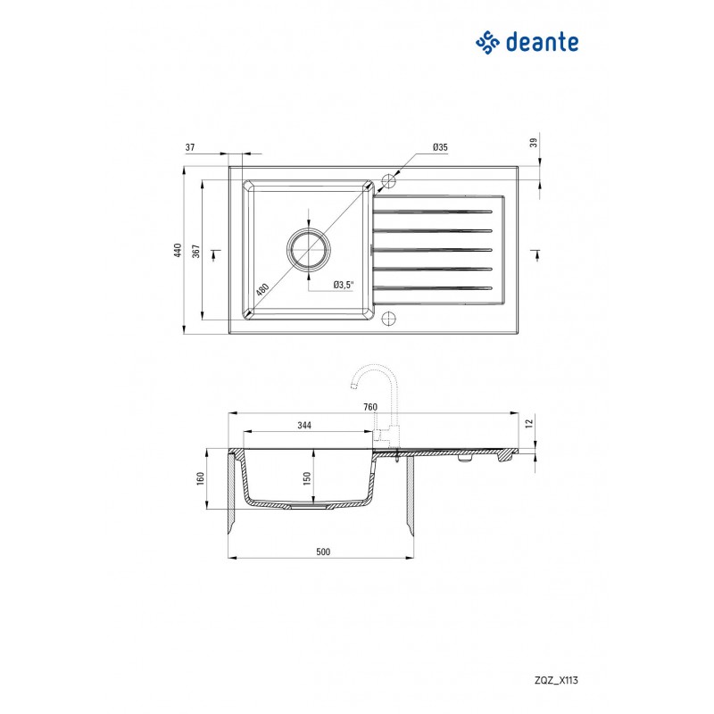 Deante Мийка кухонна Zorba, граніт, прямокутник, з крилом, 760х440х160мм, чаша - 1, накладна, графіт