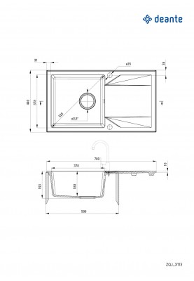 Deante Мийка кухонна Evora, граніт, прямокутник, з крилом, 780х440х193мм, чаша - 1, накладна, металічний графіт