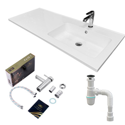 Adamant Набір для ванної кімнати, раковина, умивальник FLATE 120R, штучний камінь, прямокут., з сифоном Click-Clack + змішувач