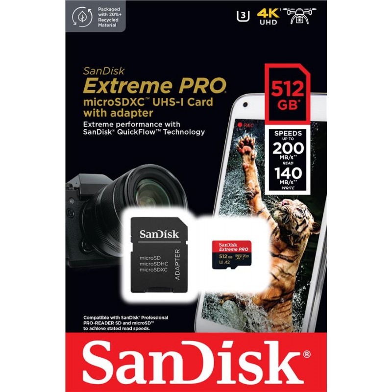 SanDisk Карта пам'яті microSD 512GB C10 UHS-I U3 R200/W140MB/s Extreme Pro V30 + SD