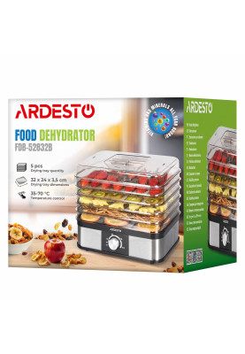 ARDESTO Сушарка для продуктів 550Вт, піддонів - 5x3см, макс - 70°С, пластик, чорний+нерж