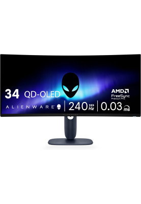 Dell Монітор 34" AW3425DW 2xHDMI, DP, USB, QD-OLED, 3440x1440, 21:9, 240Hz, 0.03ms, DCI-P3 99.3%, CURVED, G-SYNC, FreeSync, AdaptiveSync, HAS