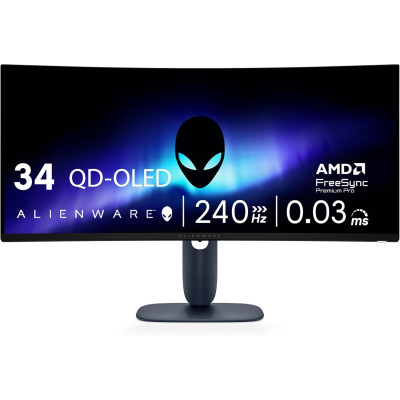 Dell Монітор 34" AW3425DW 2xHDMI, DP, USB, QD-OLED, 3440x1440, 21:9, 240Hz, 0.03ms, DCI-P3 99.3%, CURVED, G-SYNC, FreeSync, AdaptiveSync, HAS