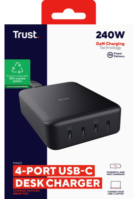 Trust Зарядне пристрій мережевий Maxo 240Вт, GaN, 4xUSB-C, PD, чорний
