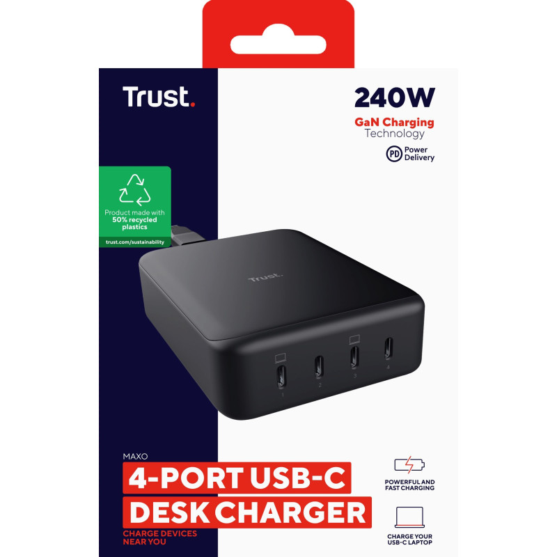 Trust Зарядний пристрій мережевий Maxo 240Вт,GaN, 4xUSB-C,PD, чорний