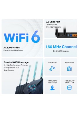 TP-Link Маршрутизатор ARCHER AX55 Pro AX3000 3xGE LAN 1xGE WAN/LAN 1x2.5GE WAN/LAN 1xUSB 3.0 MU-MIMO OFDMA