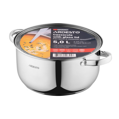 ARDESTO Кастрюля Gemini Gourmet, скляна кришка, 5 л, нержавіюча сталь
