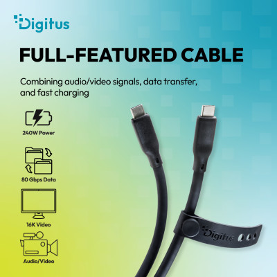 Digitus Кабель DIGITUS USB-C > USB-C заряджання/синхронізації, USB4 2.0, 80G, 240W, 16K, силіконовий, 0.5м, чорний