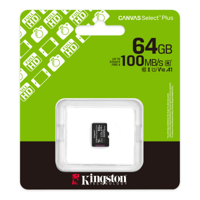 Kingston Карта пам'яті Kingston microSD 64GB C10 UHS-I A1 V10 R100MB/s Kingston Карта пам'яті Kingston microSD 64GB C10 UHS-I A1 V10 R100MB/s