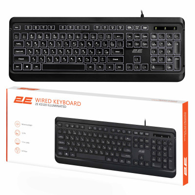 2E Клавіатура мембранна KS120 104key, USB-A, EN/UK, White LED, чорний
