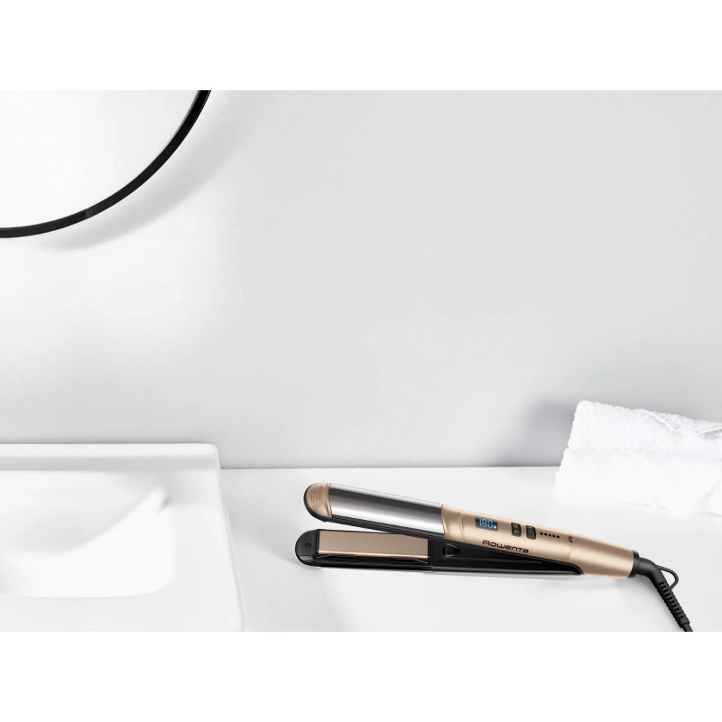 Rowenta Випрямляч Glam & Shine 2в1, темп.режимів-8, 140-210С, дисплей, кераміка, золотий