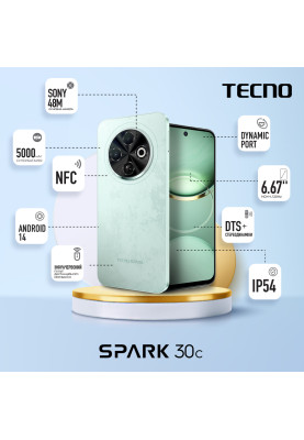 TECNO Смартфон Spark 30C (KL5n) 6.67" 6/128ГБ, 2SIM, 5000мА рік, Magic Skeen Green