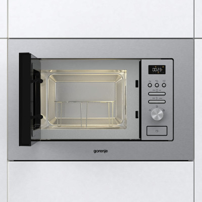 Gorenje Мікрохвильова піч вбудовувана, 20л, міх. управл., 800Вт, гриль, дисплей, інвертор, нерж