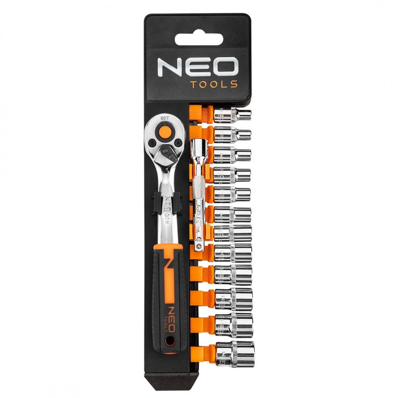 Neo Tools Набір торцевих головок, 14шт, 1/4", тріскачка 90 зубців, CrV