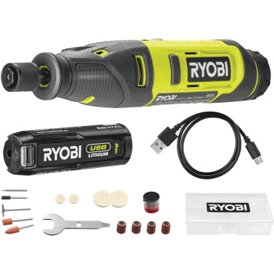 Ryobi Шліфмашина шліфувально-гравірувальна акумуляторна USB Lithium RRT4-120GA15 4В 1х2А·год 15 аксесуарів 0.23кг