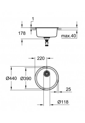 Grohe Мийка кухонная K200, нерж.сталь, кругла, без крил, 440x440x178мм, чаша - 1, врізна, нержавіюча сталь