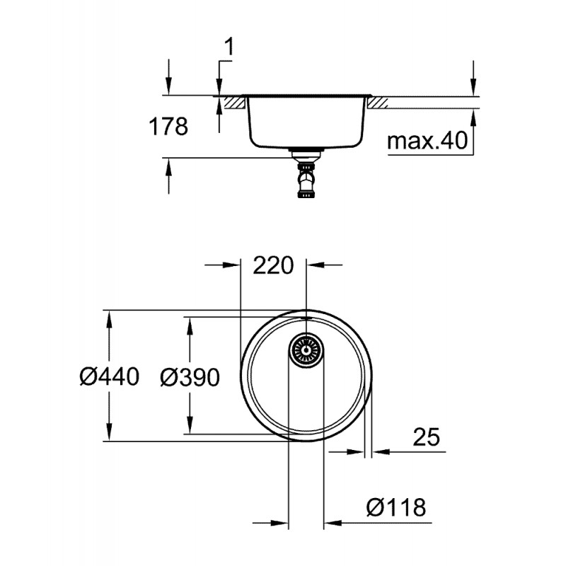 Grohe Мийка кухонна K200, нерж.сталь, кругла, без крила, 440x440x178мм, чаша - 1, врізна, нержавіюча сталь